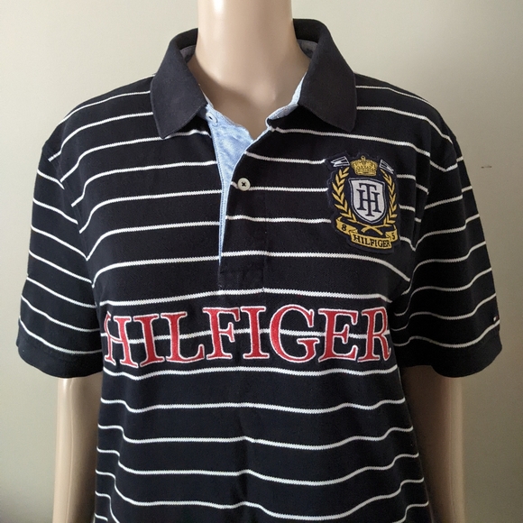 Vintage Tommy Hilfiger Embroidered Crest Logo Striped polo tshirt, men's large - Picture 1 of 6